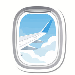 Obraz premium View from an airplane window showing a white wing flying through soft white clouds in a bright clear blue sky during a sunny daytime flight trip