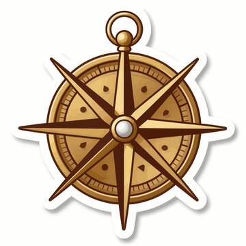 Vintage golden compass rose icon with sharp directional points and decorative elements isolated on white background for navigation and adventure concepts in vector style illustration