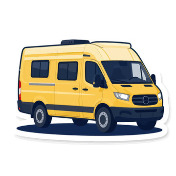 Yellow camper van conversion with windows and roof vent parked on white background, modern motorhome vehicle for travel and adventure, isolated sticker style illustration of travel van