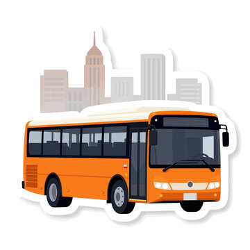 Bright orange city commuter bus driving in front of a stylized urban skyline silhouette with high rise skyscrapers in a clean flat vector sticker illustration style
