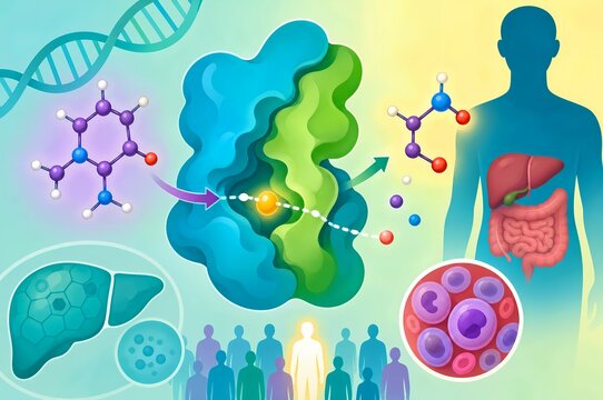Dihydropyrimidine dehydrogenase deficiency medical graphic illustration showing dpd enzyme mutation pyrimidine metabolism liver toxicity and fluorouracil drug side effects