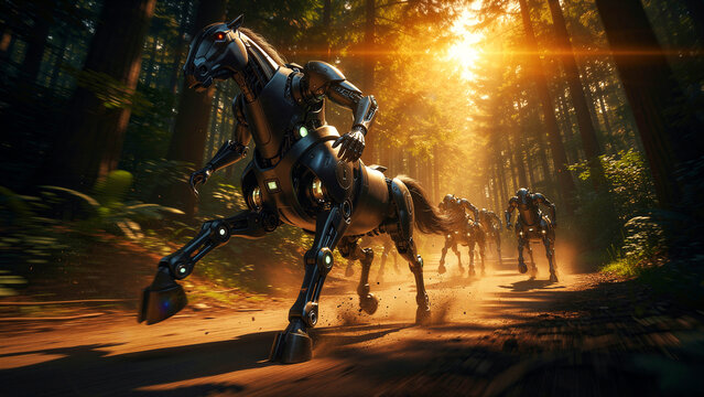 Robotic centaur creatures galloping through a sunlit forest trail. Futuristic mechanical hybrids running at high speed amidst redwood trees. Sci-fi technology and artificial intelligence concept.