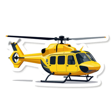Yellow modern utility helicopter flying isolated on white background, side view of commercial aircraft with rotor blades and landing skids, vector illustration style for transportation design