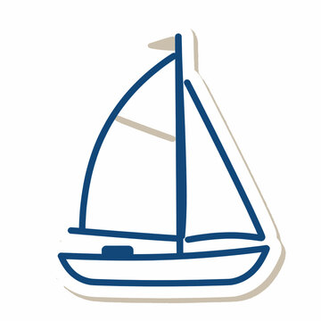 Minimalist hand drawn sticker of a simple blue sailboat with white sails and tan mast on a plain white background, isolated vector illustration for nautical design and summer theme