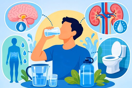 Dipsogenic diabetes insipidus medical graphic illustration showing excessive thirst water drinking brain hypothalamus kidneys and frequent urination toilet