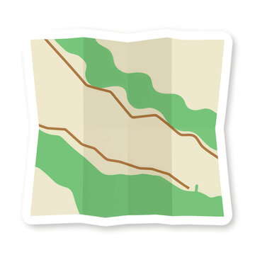 Minimalist flat vector illustration of a folded paper map with green landscape areas and brown winding roads isolated on a white background as a travel concept icon