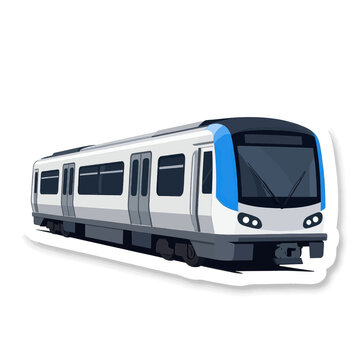 Modern white and blue commuter train illustration isolated on white background, stylized vector icon of a subway metro or rapid transit locomotive for urban public transportation concept