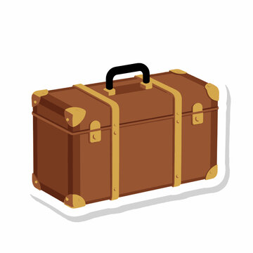 Vintage brown leather travel trunk with gold metal corners and handle isolated on white background, classic antique luggage chest for storage or retro adventure concept design