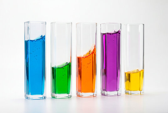 Contenitori di vetro con liquidi colorati a livelli diversi, disposti come un grafico a barre. Immagine concettuale ideale per business, analisi, statistiche, crescita e contenuti corporate.