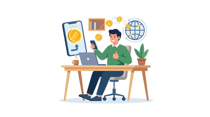 Fototapeta premium Successful freelancer receiving global cross-border payments on smartphone at home office flat vector illustration.