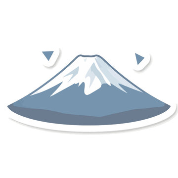 Minimalist vector illustration of Mount Fuji icon with snow capped peak and blue mountains against a clean white background designed as a sticker with a thick white border