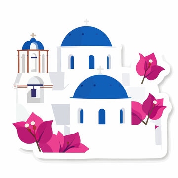 Beautiful illustration of traditional white buildings with blue domes and vibrant pink bougainvillea flowers in a sunny Santorini Greece Mediterranean coastal village setting