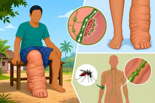 Elephantiasis medical graphic illustration showing lymphatic filariasis leg edema mosquito vector transmission and lymph node blockage