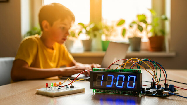 Boy building electronic digital clock using laptop. Student assembling circuit on breadboard at home. STEM education and technology learning concept for coding and robotics school marketing.