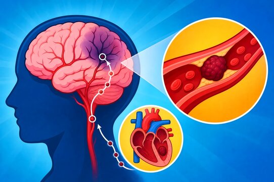 Embolic stroke medical illustration showing blood clot traveling from heart anatomy to block cerebral artery in brain sagittal cross section