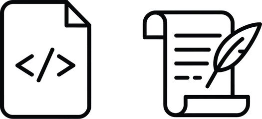 Source Code Icon Set featuring angle brackets and script file with feather quill symbols, programming, coding, content writing, software development, and editable vector illustrations. © MostAmbiya