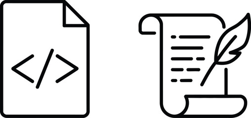 Source Code Icon Set featuring angle brackets and script file with feather quill symbols, programming, coding, content writing, software development, and editable vector illustrations. © MostAmbiya