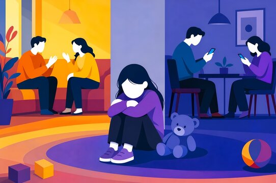 Emotional neglect concept graphic illustration showing lonely child ignored by parents using phones and arguing in background