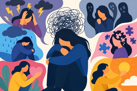 Emotional problem mental health graphic illustration showing severe depression anxiety panic attacks loneliness and psychological recovery