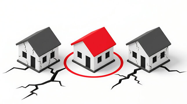 Three houses with cracked ground and one red roof home safe from earthquake disaster