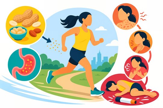 Exercise induced anaphylaxis medical graphic illustration showing running woman peanut allergen trigger gastrointestinal distress skin hives and epinephrine auto injector emergency