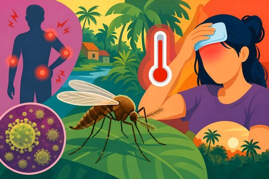 Oropouche virus disease medical graphic illustration showing mosquito midge vector transmission tropical fever symptoms rash and joint pain