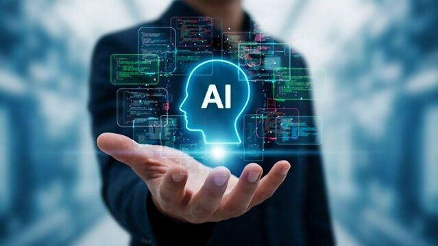 Person holding AI head icon with data streams artificial intelligence