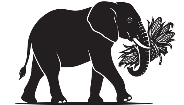 Elephant Silhouette with Corn Illustration, Black and White Vector Design, Nature Concept Featuring Animal, Wildlife, Herbivore