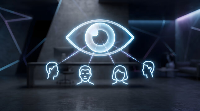 Holographic eye analyzing digital avatars representing artificial intelligence facial recognition technology