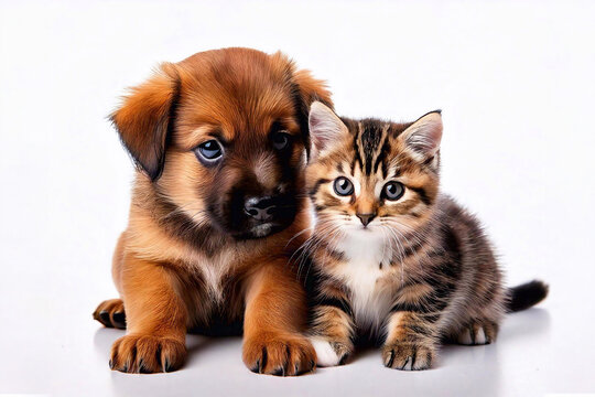 Cuccioli di cane e gatto carini e simpatici, amicizia tra razze. Animali di compagnia. Concetto di pace e accordo tra razze rivali.