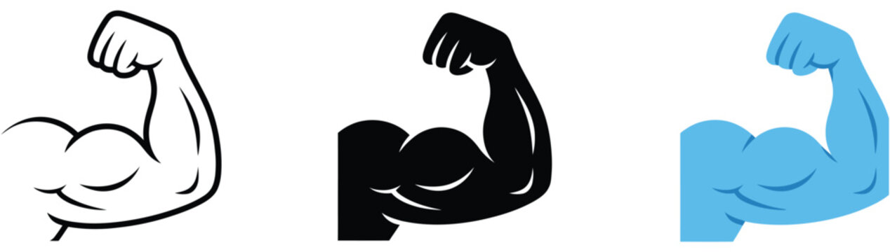 Bicep icon representing muscular strength athletic fitness and gym training symbol in outline and solid styles for exercise and wellness vector, design