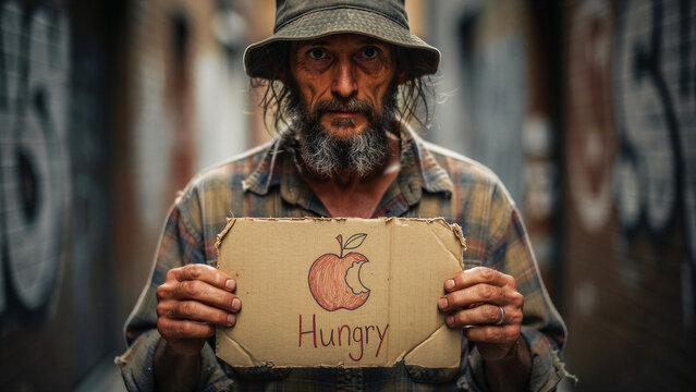 Homeless man holding cardboard sign in urban alley. Portrait of bearded beggar seeking food assistance. Poverty and hunger awareness concept for social issue campaigns.
