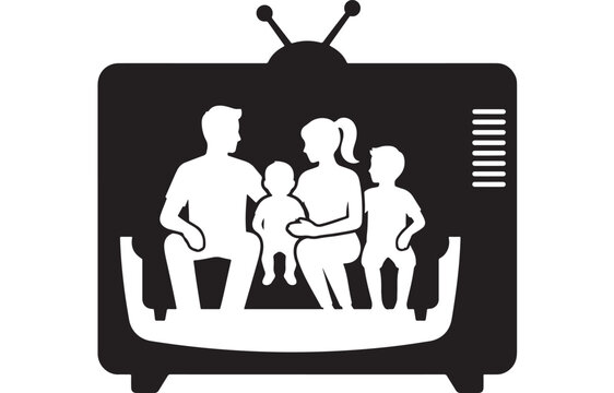 Television Icon with Family Silhouette Watching Tv Together Featuring Tv, Entertainment, Media with Vintage and Retro Elements