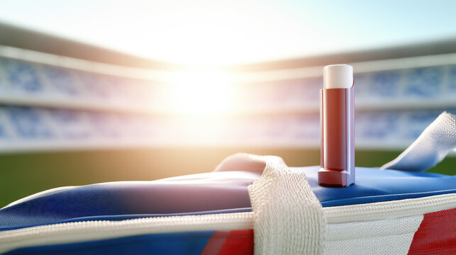 Sports inhaler on duffel bag in soccer stadium with bright sunlight, minimalist medical concept for athlete breathing support and training safety