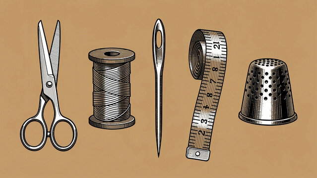 Vintage sewing tools including scissors, thread spool, needle, measuring tape, and thimble illustration. Classic tailoring equipment for fashion projects. DIY handmade craft and sewing concept.