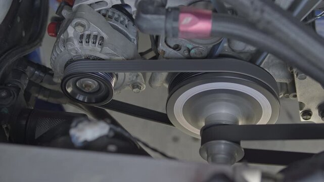 Slow-motion close-up of serpentine belts, alternator pulley, and crankshaft pulley rotating in the engine bay of a performance car.