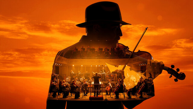 Man in hat playing violin silhouette against orange sunset. Double exposure shows symphony orchestra performing in grand hall. Classical music concept for artistic promotions and event posters.