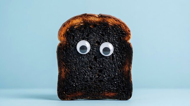 Funny slice of completely burnt toast with googly eyes isolated on light blue background