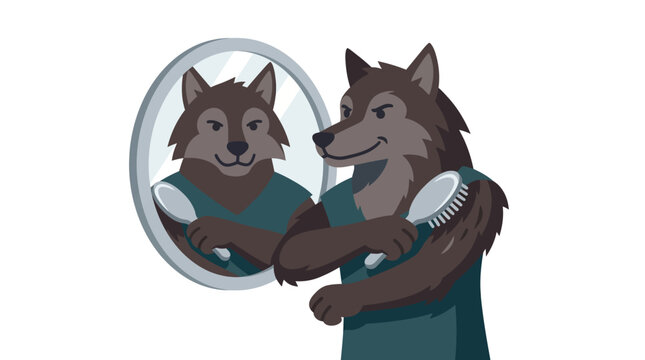 Funny anthropomorphic werewolf character brushing fur in mirror for morning grooming routine flat vector illustration.