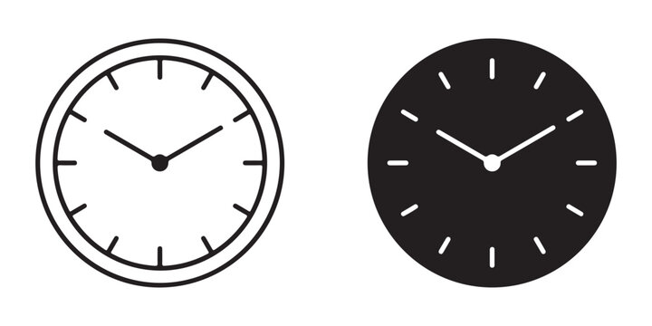 Minimalist analog clock designs with hour and minute hands set against contrasting backgrounds for graphic use