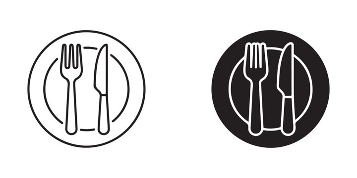 Minimalist black and white circular icons featuring fork and knife set for food and dining related design projects
