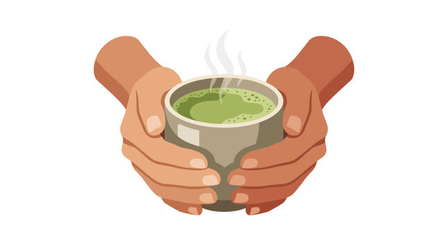 Two hands holding a warm cup of steaming green matcha tea for mindfulness wellness flat vector illustration.
