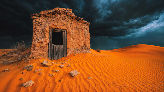 Abandoned desert ruin beneath dramatic storm clouds