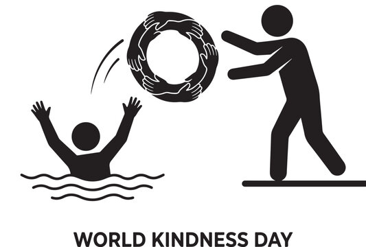 World Kindness Day Illustration of Person Throwing Life Ring to Drowning Individual Featuring Rescue, Help, Water with Save
