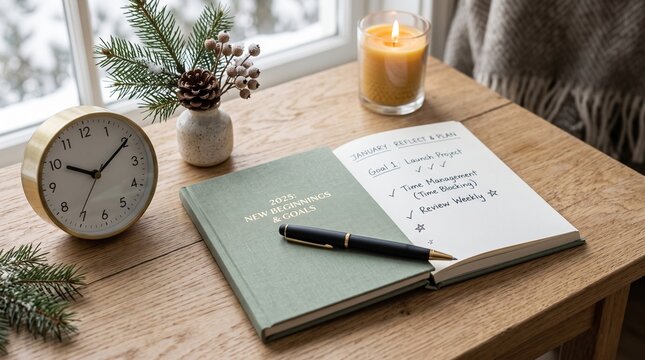Winter planning scene with a clock, notebook, pen, and candle.