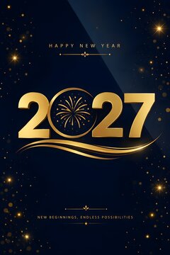 Happy new year 2027 greeting card with golden numbers and fireworks design on a dark background for festive celebration of a new year beginning and endless possibilities for the future