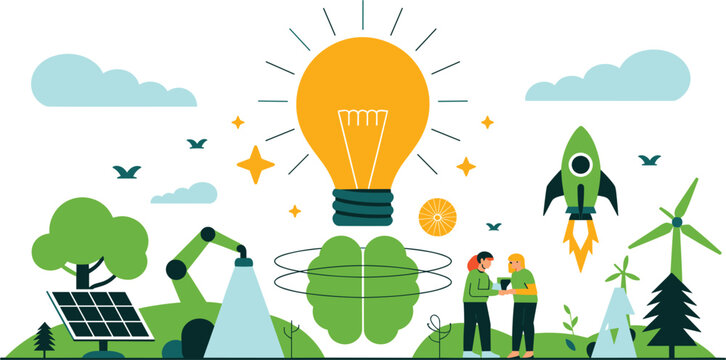 Green brain storming concept vector illustration with light bulb, rocket startup, solar panels and wind turbine technology