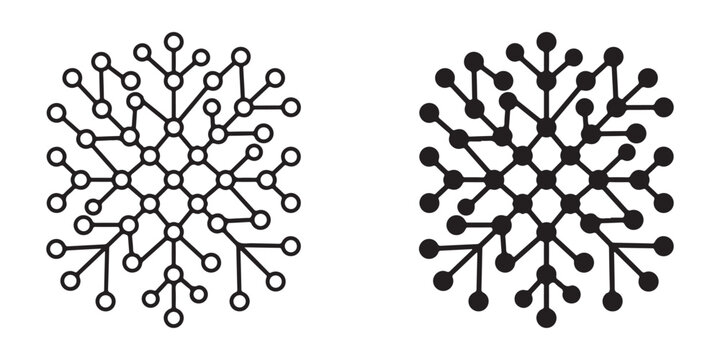 Minimalist geometric snowflake design with interconnected circles and dots in white and black versions