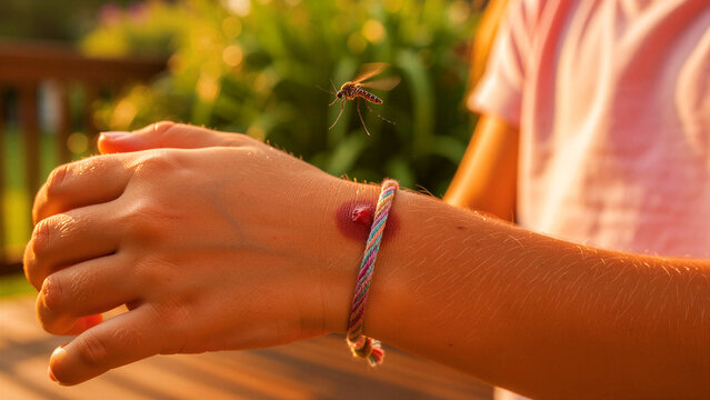 Mosquito flying over a red bite mark on a child's wrist. Macro shot of insect pest hovering near skin inflammation outdoors. Health safety concept, ideal for medical and pest control marketing.