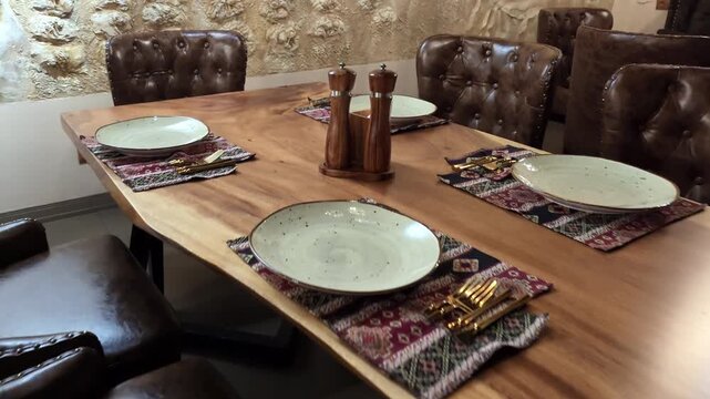 Wide interior dining scene shows long wooden table surrounded by brown tufted leather chairs, patterned placemats, plates, pepper mills, rugged stone wall, warm ambient lighting, inviting